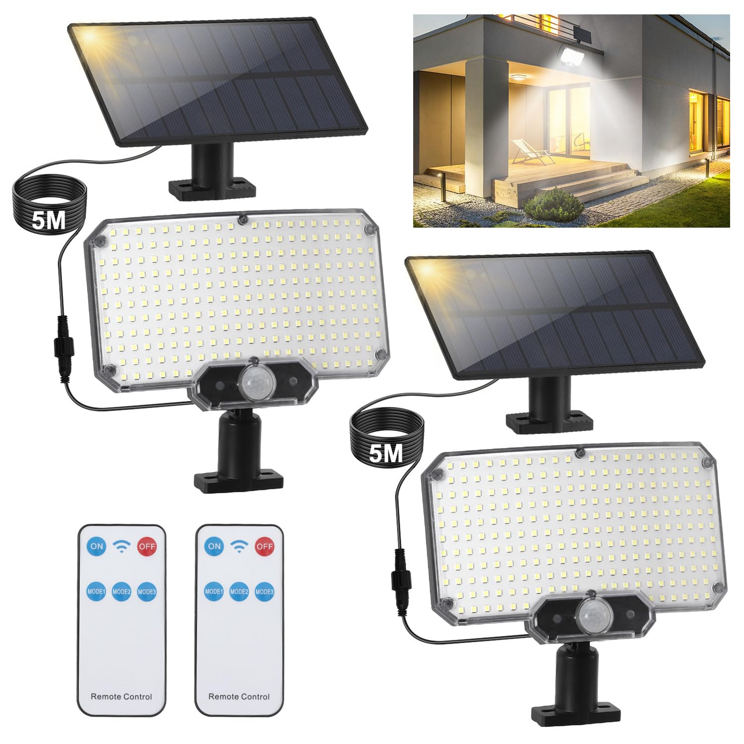 ISOISL Split Solar Security Lights Outdoor,234 LED Motion Sensor Wall Lights with Separate Solar Panel & 5M Cable, 270° Wide Angle,3 Modes Remote IP65 Waterproof for Shed,Garage,Yard,Garden,2 Pack