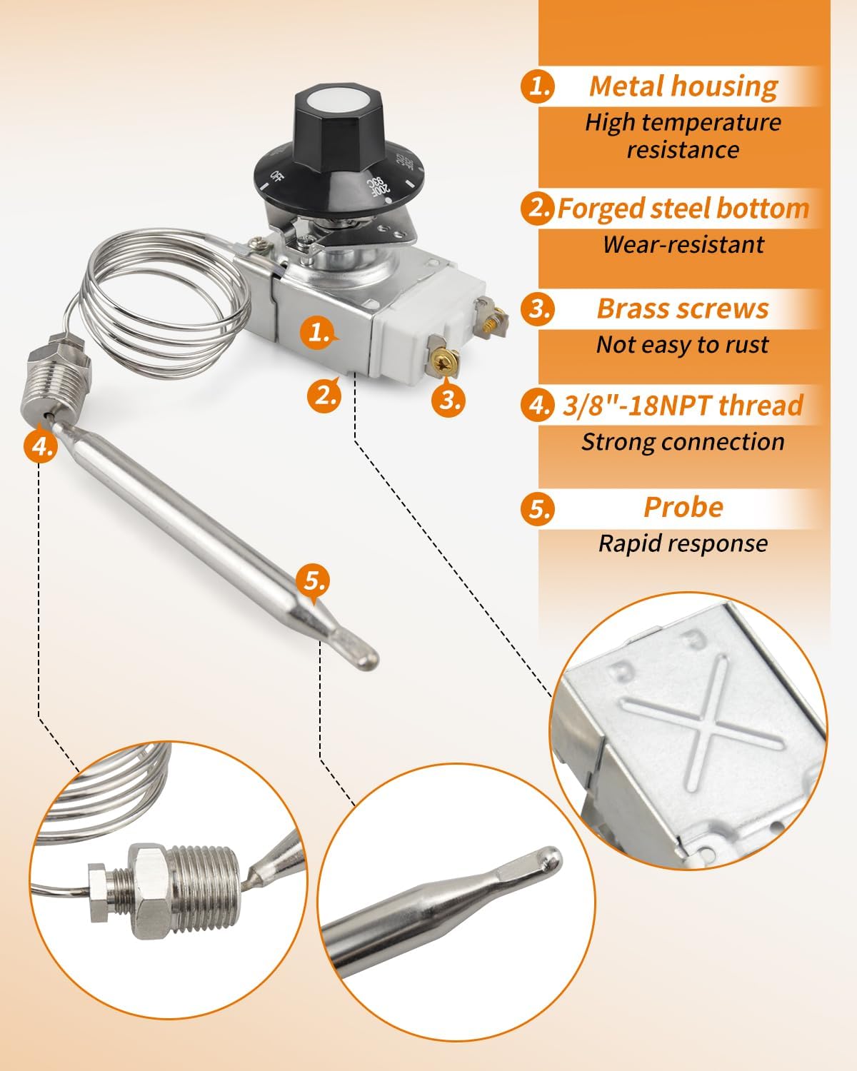 RX-2-24 Thermostat for Deep Fryer Fit for ADCRAFT, for Gas Fryer Adcraft Atosa 301030004 Robertshaw 5300-402, with 3/8" Mpt Stuff Box 200-400F