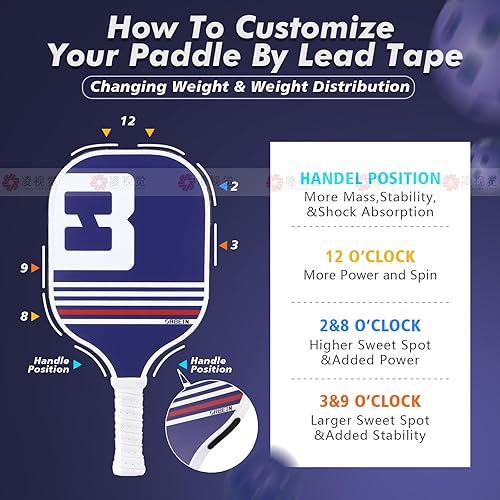 Miniatura 6 de Paleta de pickleball individual de fibra de carbono, con cinta de agarre y cinta de plomo, pala de fibra de carbono cruda de 7.7 onzas de 3 quilates