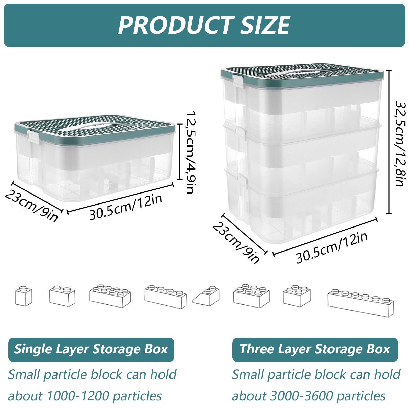 Boite Rangement, Boite de Rangement, Boite de Rangement Empilable Vert, 3 Niveaux Boite Rangement Plastique, Boite Rangement Plastique avec Couvercle pour Blocs de Construction
