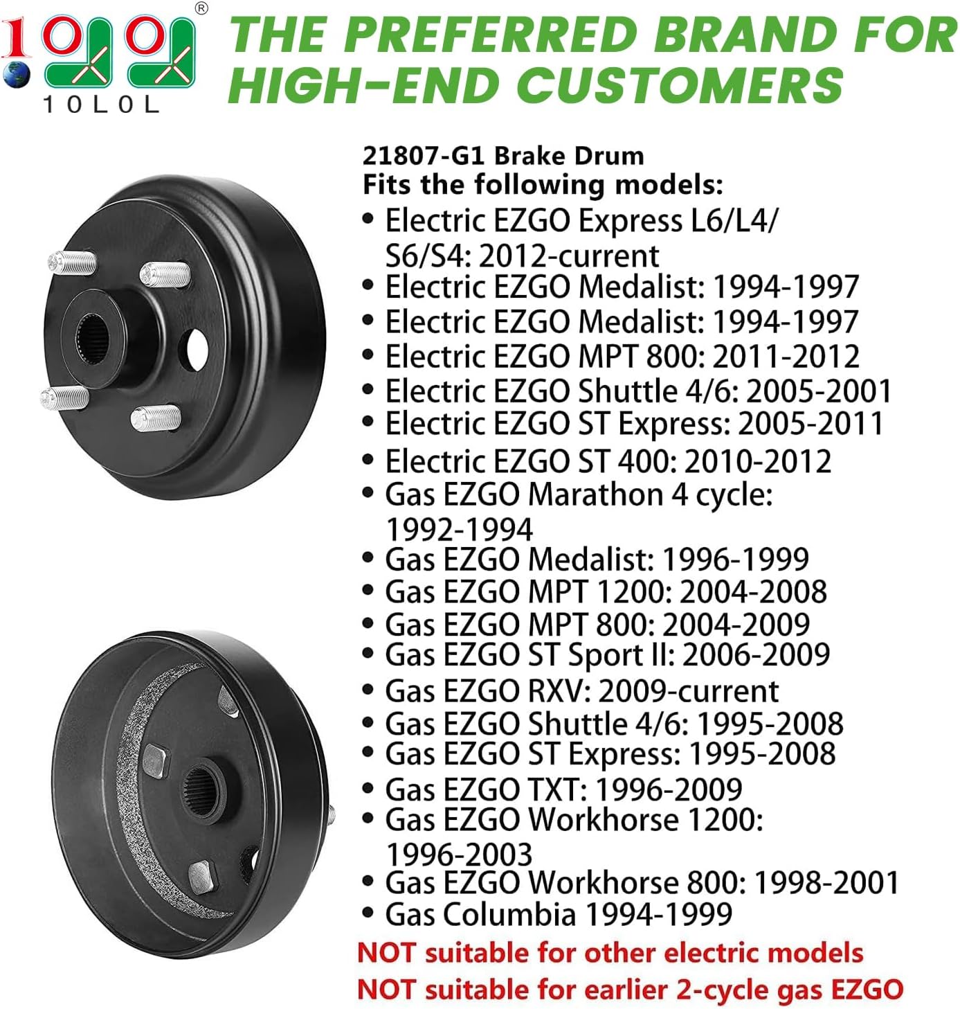 10L0L Golf Cart Brake Drum Hub Assembly for EZGO TXT 1991-up with 4 Cycle Gas Engines Replace OEM 21807-G1 21807G1 41843-94