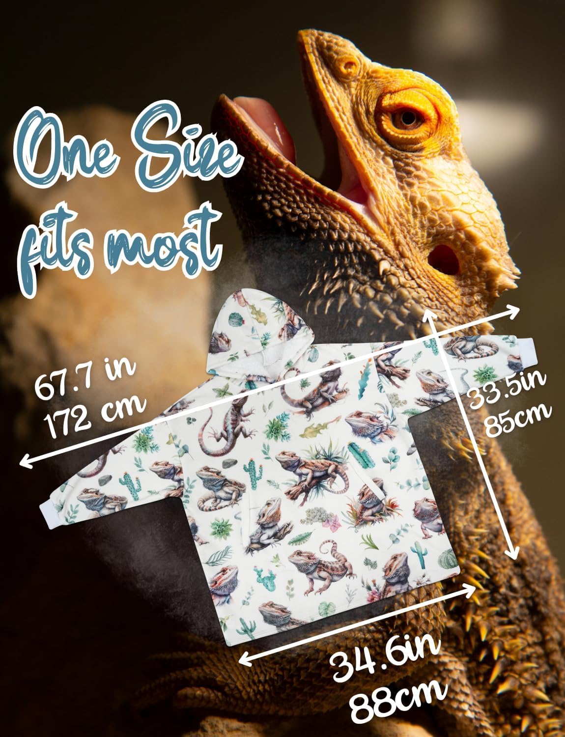 Bearded Dragon Gifts for Women Men, Cozy Reptile Pet Blanket Hoodies for Bearded Dragon Lovers, All-Over Lizard with Plants & Rocks, Oversized Flannel Hooded Blankets, One Size Fits All - Image 2