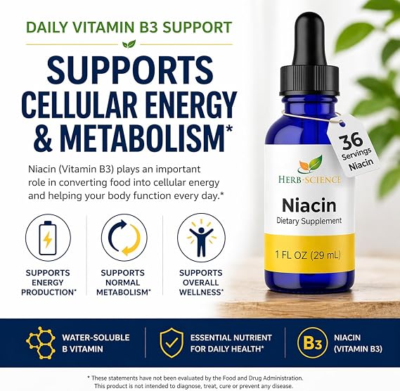 Liquid Vitamin B3 Niacin Drops, Alcohol-Free, 1 Oz | Easy-to-Take Liquid Formula with Flexible Serving, Vegan, Non-GMO, Alcohol-Free and Bottled in Cobalt Glass for Freshness