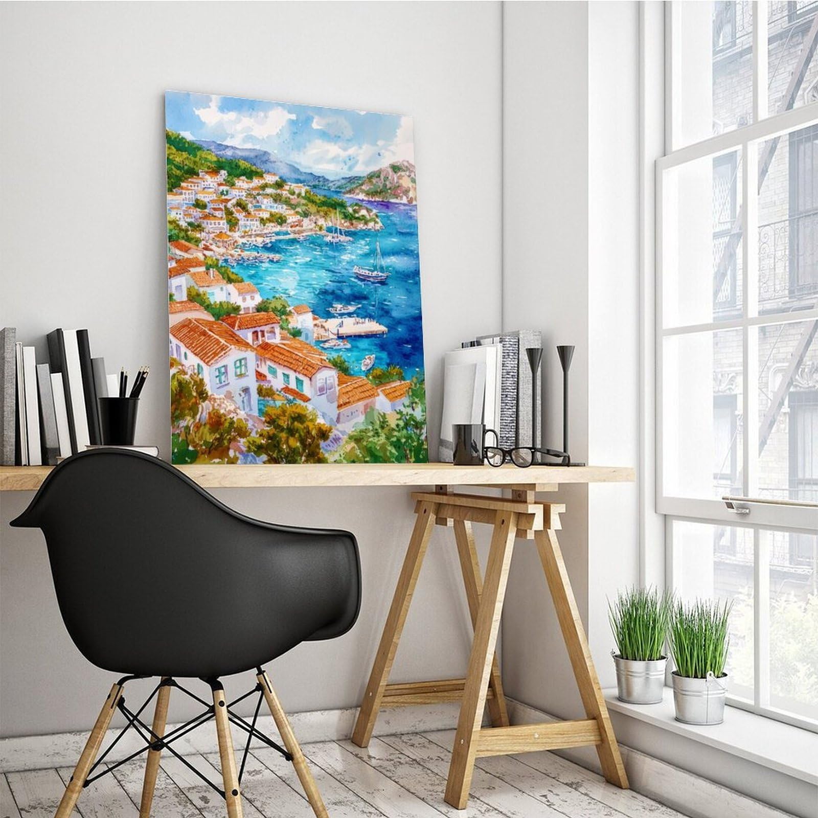 F I N U C B Kas Aquarell-Poster, Wandkunst, Kas, Wandbehang, Heimdekoration, Geschenk, Kunstliebhaber, Türkei, Liebhaber, Geschenk, Leinwand, Dekoration, Druckrahmen, 50,8 x 76,2 cm