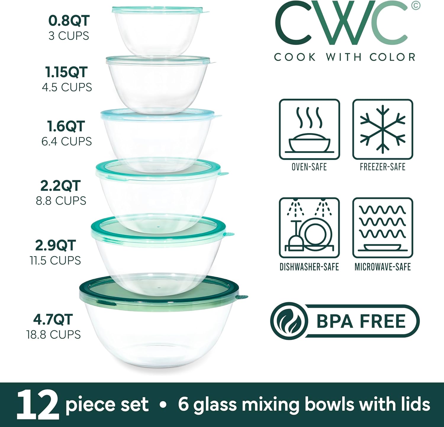 COOK WITH COLOR 12 Pc Glass Mixing Bowl Set with Lids – Borosilicate Glass Nesting Bowls for Cooking, Baking and Meal Prep, Sage