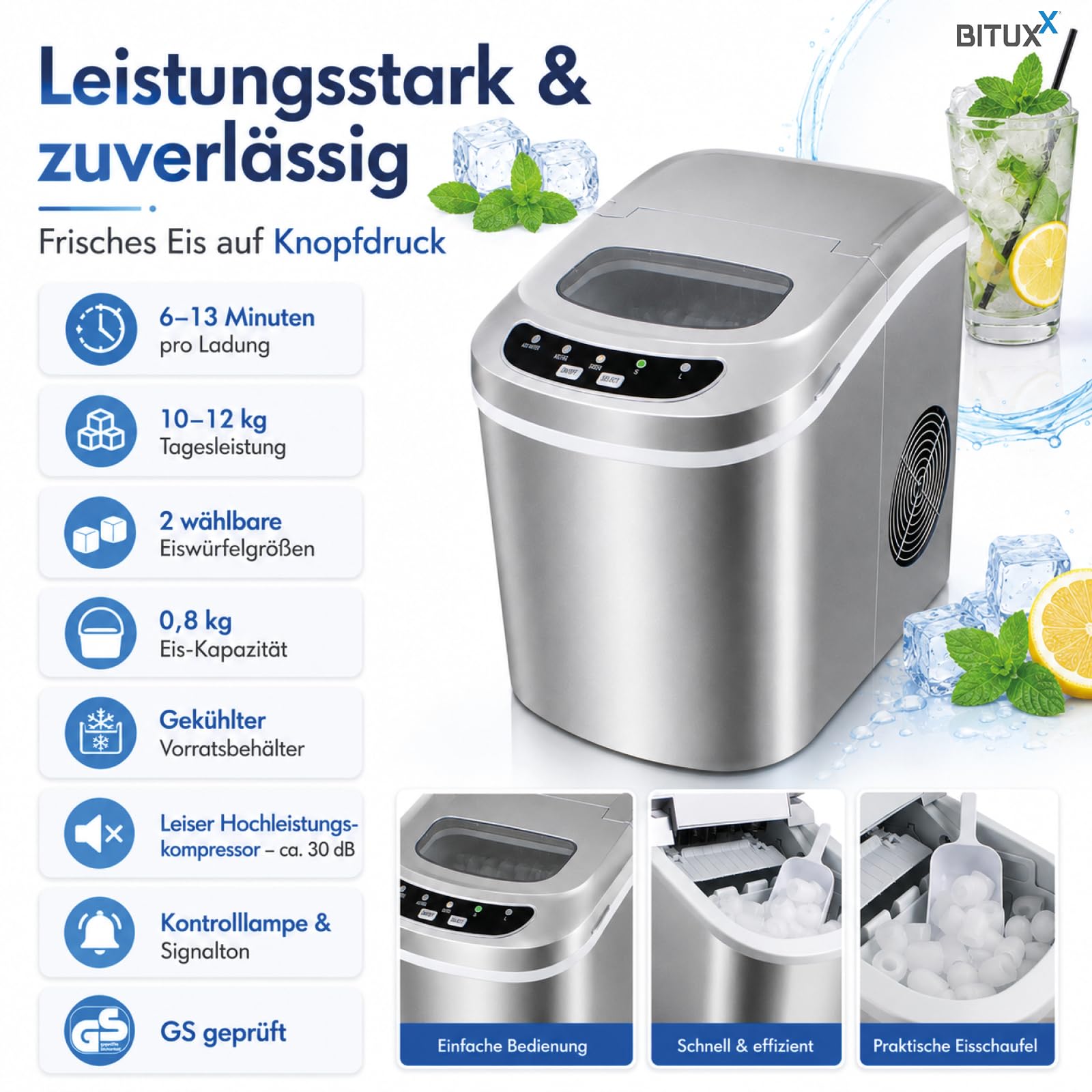 Eiswürfelmaschine Eiswürfelbereiter Eiswürfel Ice Maker Eis Maschine (Silber)