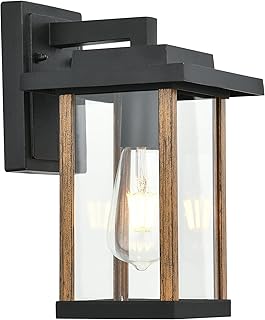 Outdoor Wall Sconce, Outside Porch Light Fixtures, Wall Mount Anti-Rust Exterior Wall Lights in Wood Grain Finish & Black Finish with Clear Glass for Garage Doorway Entryway
