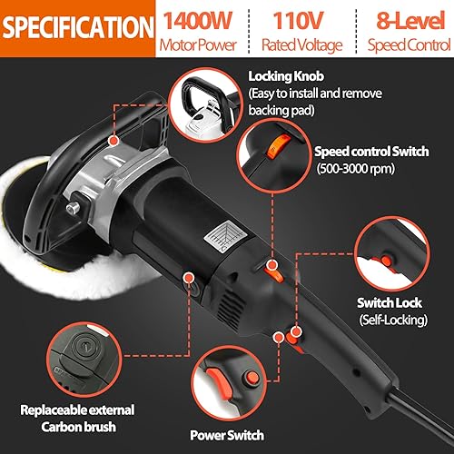 Miniatura 5 de Pulidora de búfer para automóvil de 7 pulgadas, 1400 W, kit de pulidores y pulidores rotativos de 8 velocidades variables, control para pulir el