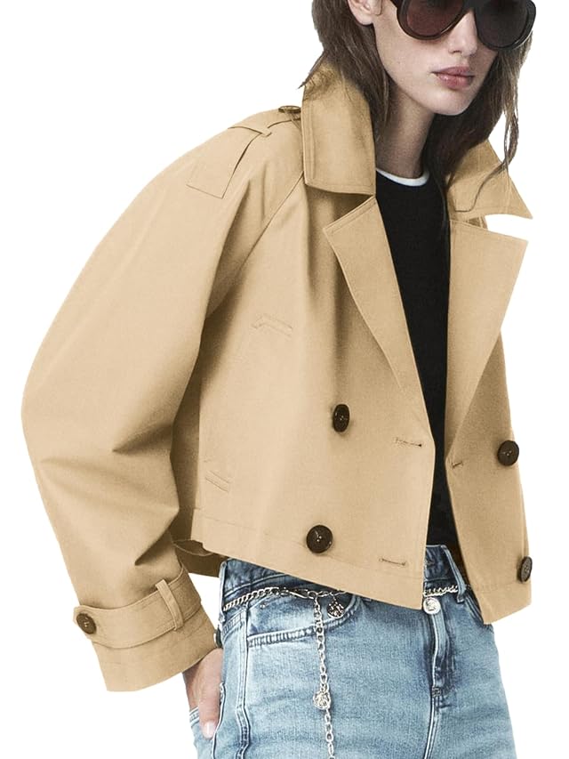 ELLEVEN Womens Cropped Trench Coat Casual Double Breasted Short Jackets Long Sleeve Loose Fit Fall Coats Fashion Outwear