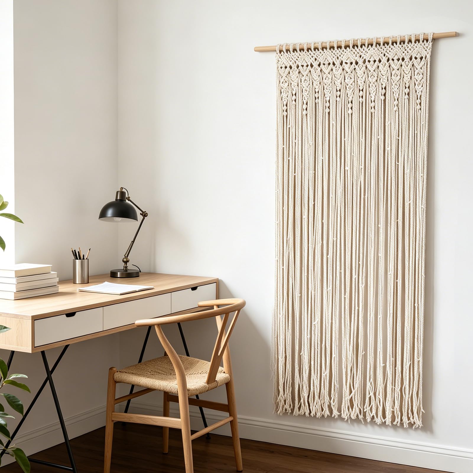 Rideau de porte tissé à la main, tapisserie murale en macramé pour décoration de fond de mariage, tapisserie tissée à la main, beige (90 x 180 cm)