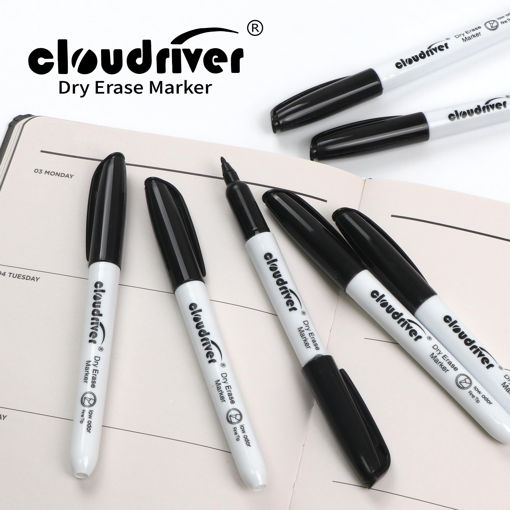 cloudriver Markery suchościeralne Ulta cienka końcówka, 72 szt. czarnych markerów tablicowych, 1,0 mm, niski zapach, do biura, szkoły, domu