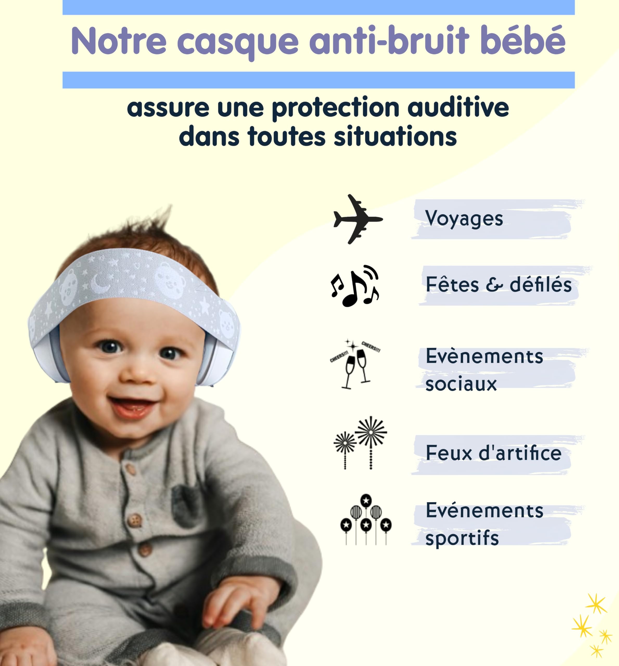 Générique Casque anti-bruit bebe jusqu'à 36 mois-Excellente protection Auditive - Optimisez le Repos en Déplacement pour votre enfant jusqu'à 25 dB - Ajustable et Confortable-Certifié CE