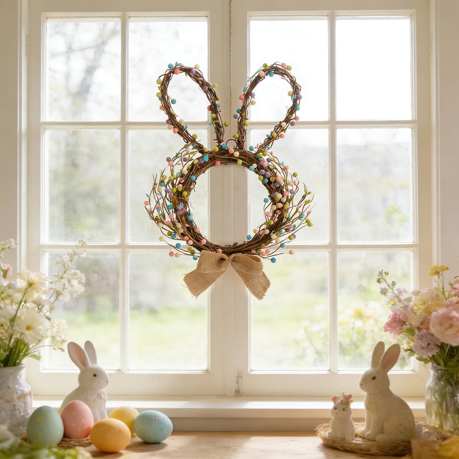 TEMPUS Easter Bunny Wreath for Front Door, 16.5 Inch Spring Rabbit Wreath with Blossom Flowers & Berries, Handmade Foam Bunny Door Hanger, Easter Decorations for Home Outdoor Indoor