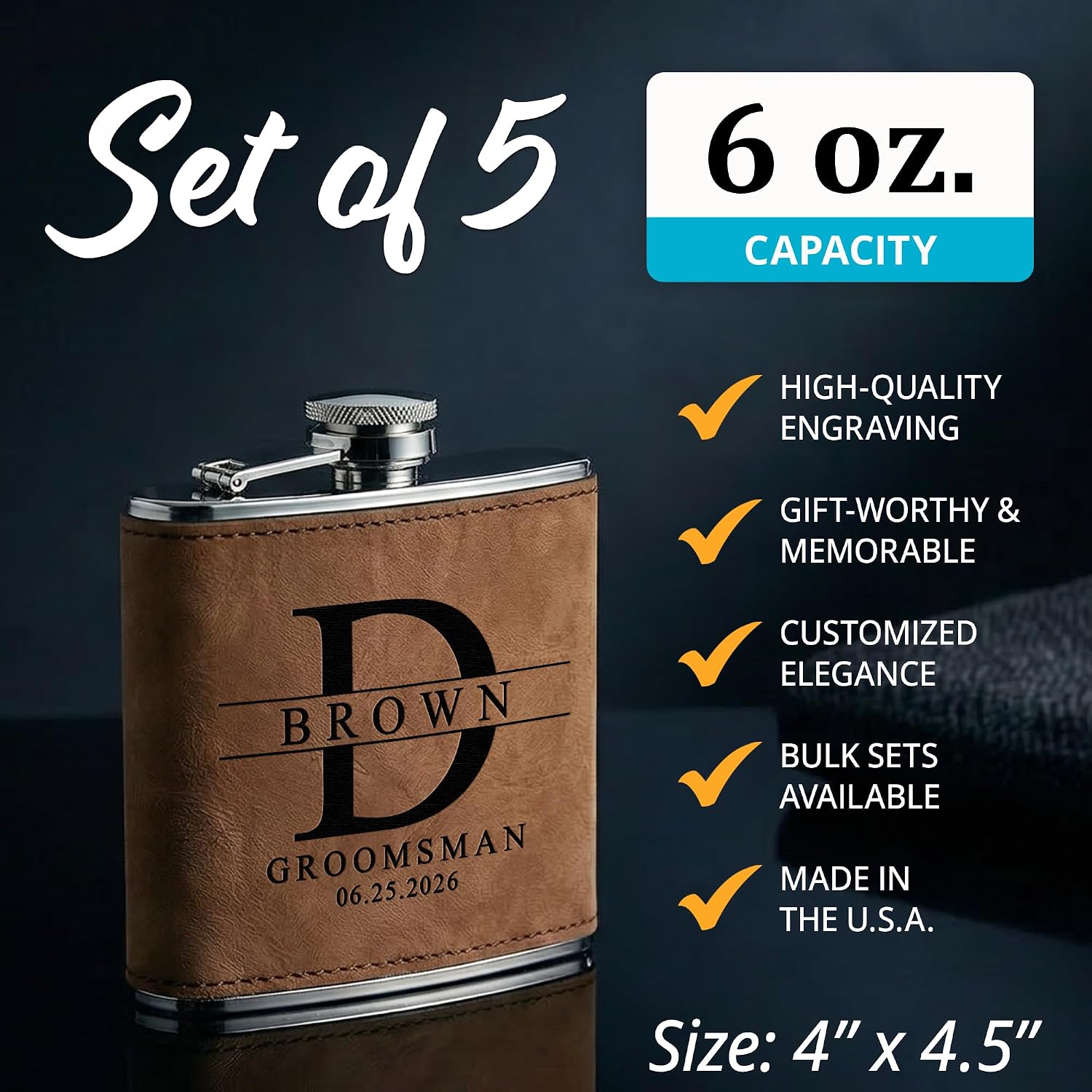 Personalized Groomsmen Flask Gifts - 6 oz Engraved Groomsmen Flask - Custom Groomsman Gift -Personalized Wedding Flask - Groomsman Proposal - Wedding Favors - 4 Colors & 9 Designs - Set of 5