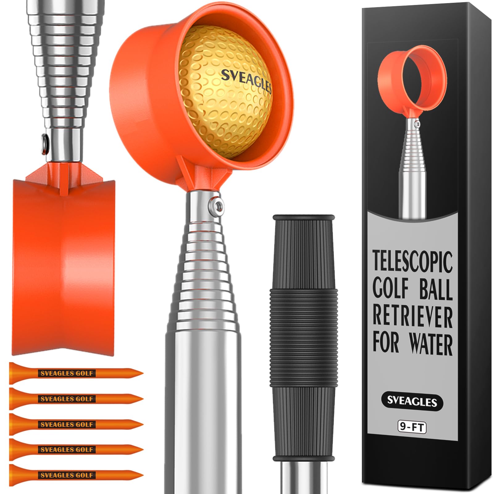 Retriever telescópico de pelotas de golf de 9 pies a 12 pies para agua, diseño de pelota de recogida de doble cara, eje de acero inoxidable, accesorios imprescindibles para golfistas.