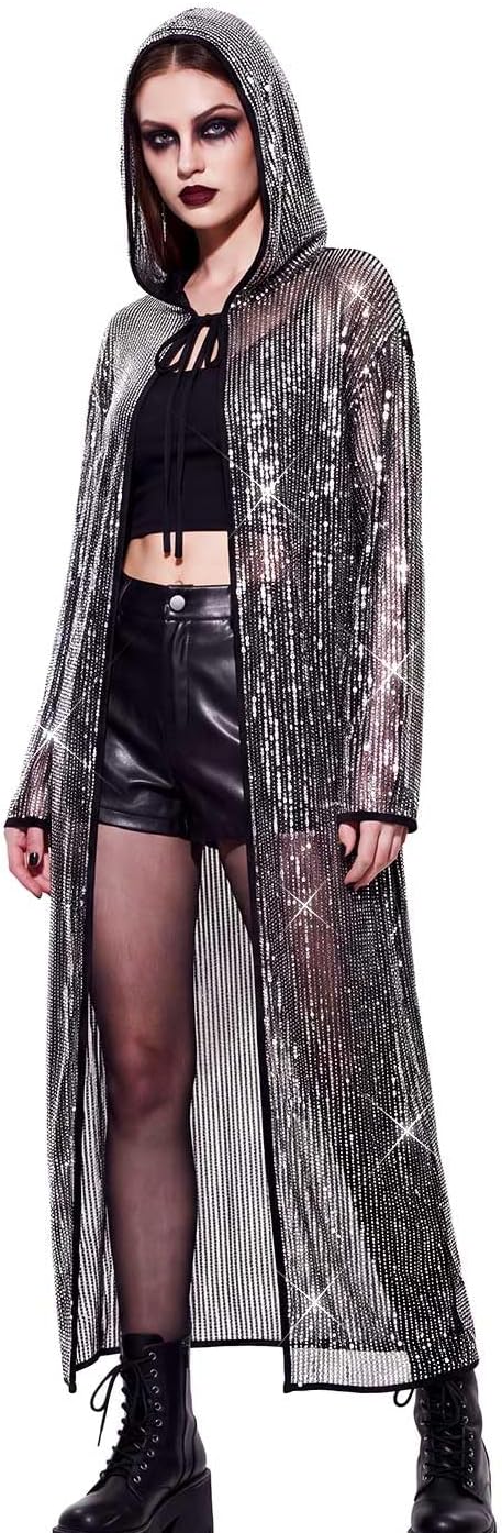 GORAIS Black Sequin Hooded Cloak with Sleeves Sheer Halloween Costume Cape