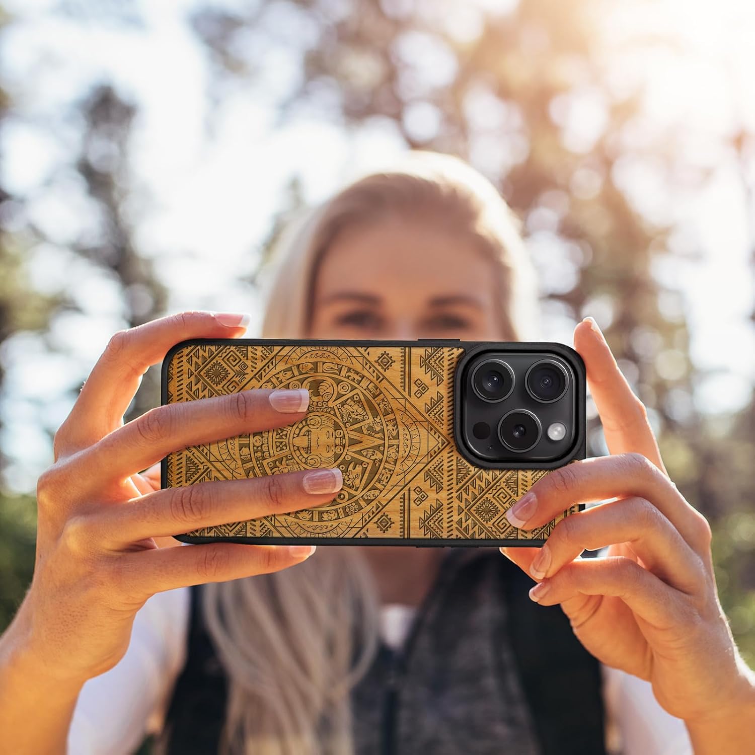Carveit Magnetic Wooden Case for iPhone 16 Pro Case, Wood Artisan Engraved & Black Soft TPU Shockproof Cover, Compatible with MagSafe Wireless Chargers (Aztec Calendar) Cherry
