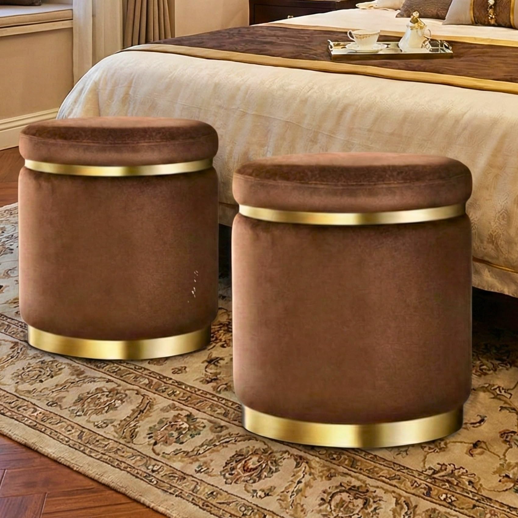 Decorative Ottoman Pouffes for Sitting - Two-Piece Set of Puffy Stools and Footstools - Round Ottoman Stool for Living Room Furniture (Brown)-image-41