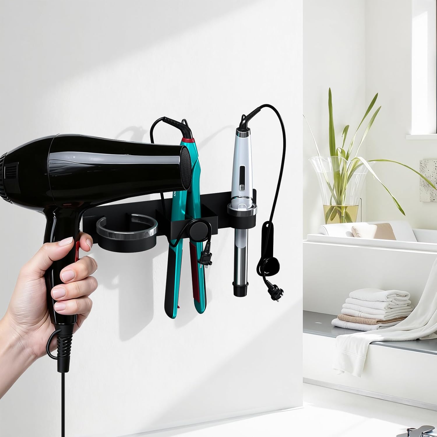 Hair Straightener Holder Wall Mounted, Hair Dryer Holder with Plug&Cord Organizer, Metal Hair Tools Organizer & Storage Curling Iron Holder for Bathroom, Salon Hair Dryer Holder