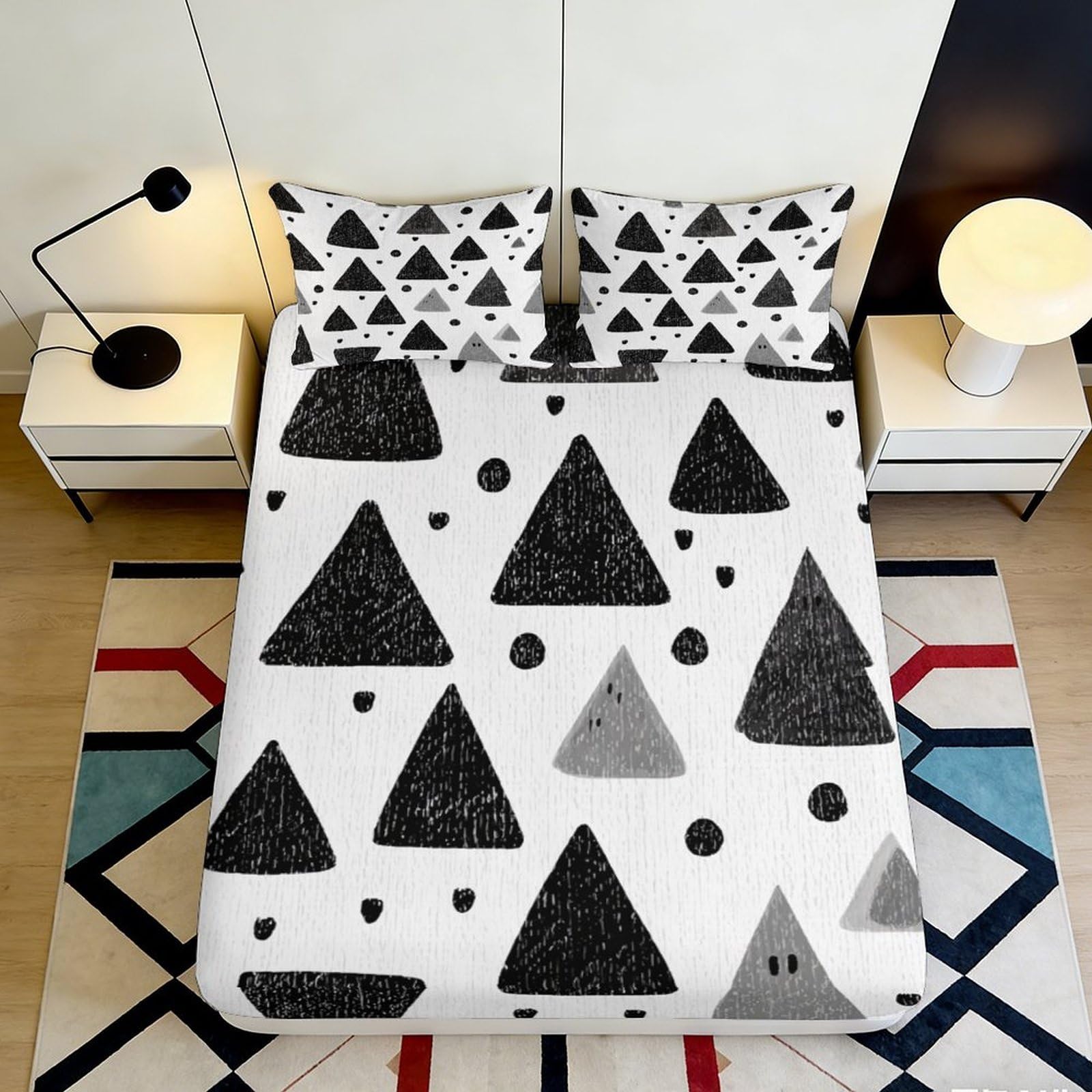 Dhbaneiok Style-1 3D Printed Geometric Triangle Fitted Sheet Microfiber Modern Black White Mattress Cover For Bedroom Decor 90X200x25cm