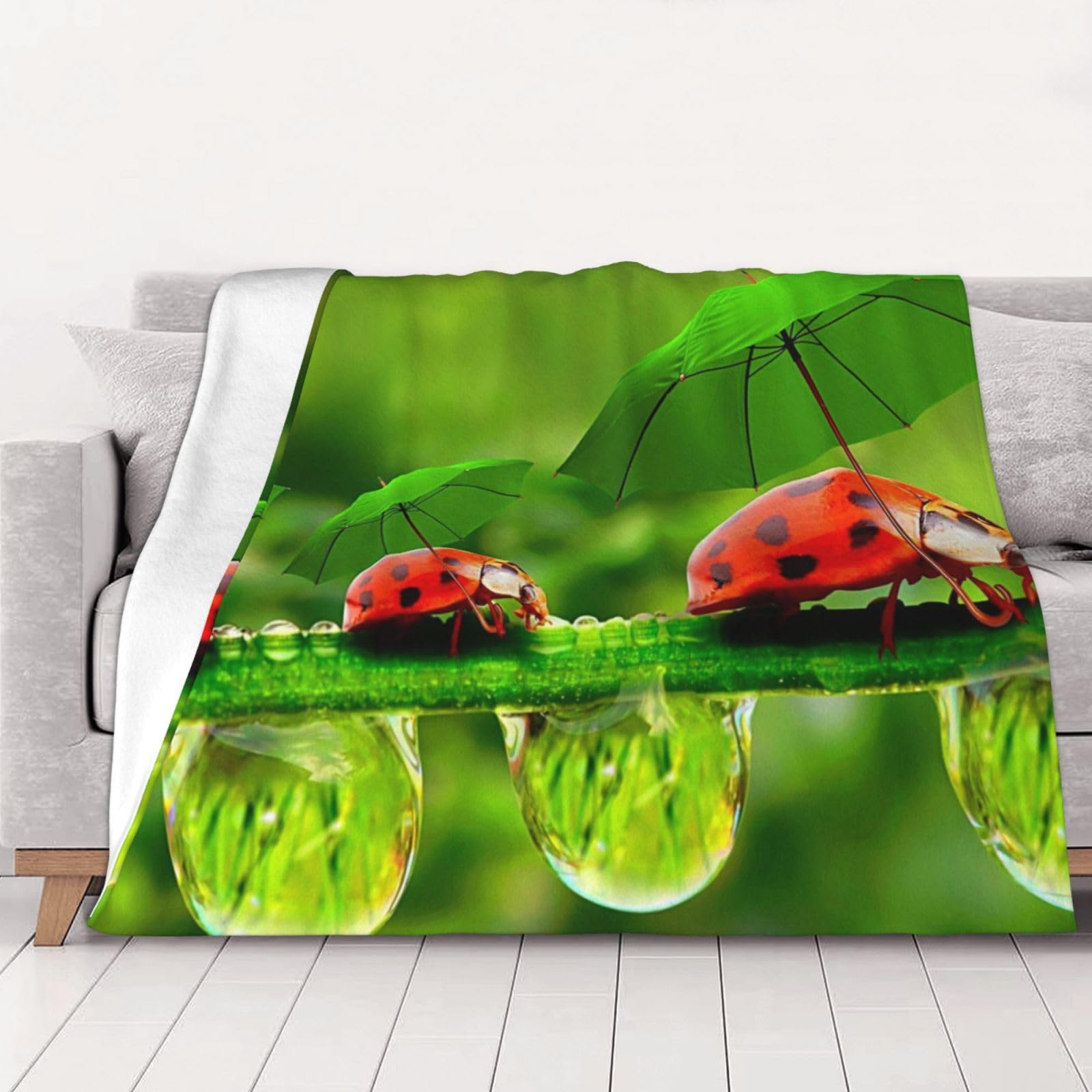 AUBKFELD Funny Ladybug Holding Umbrellas Printed Flannel Blanket 200x150 CM, Soft & Warm Throw Blanket for Sofa/Couch/Bed/Car, Gifts for Audlts Women Men