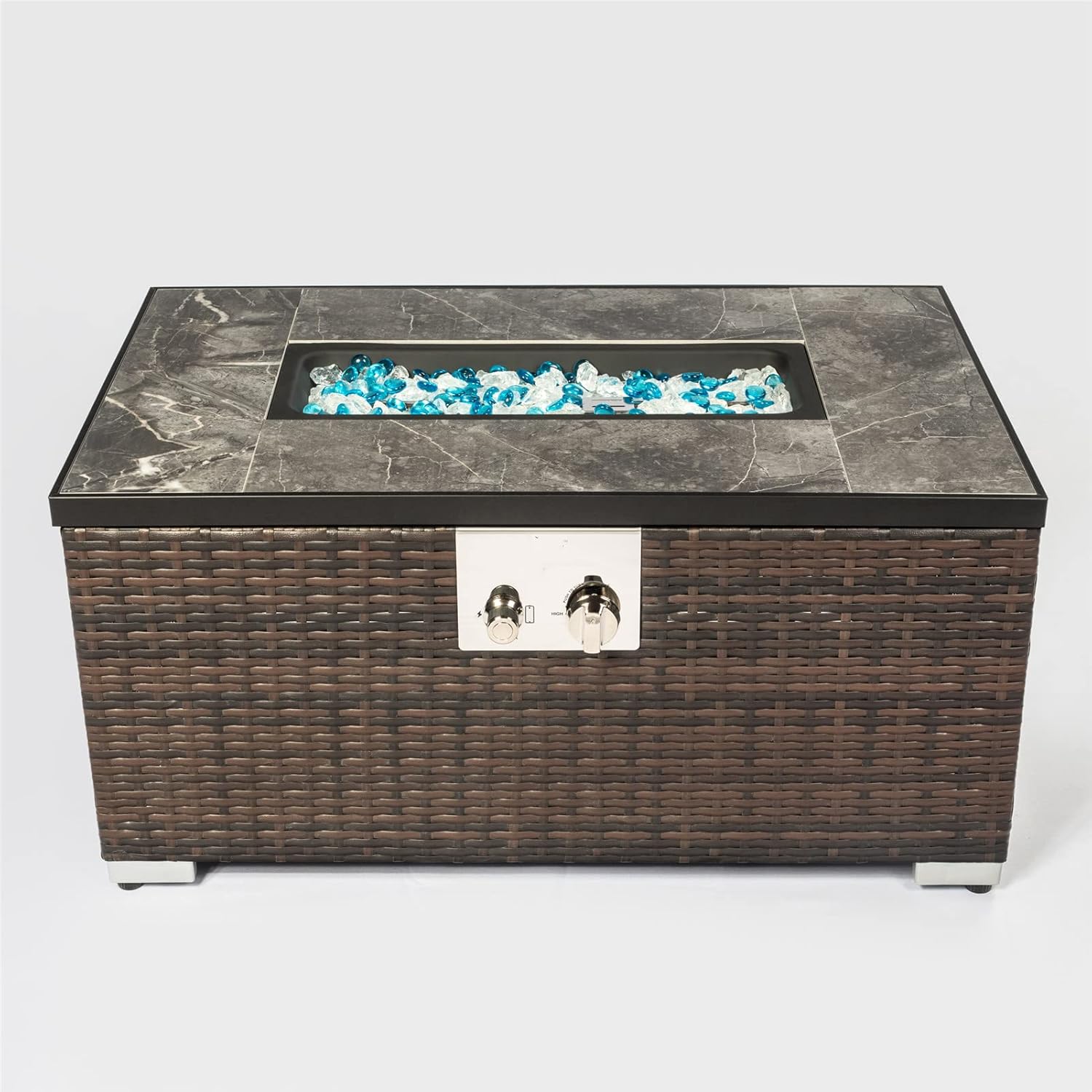 Outdoor Rattan Wicker Fire Pit Column, Propane Fire Column for Decor 50,000BTU Gas Fire Pit Table with Ceramic Tile Tabletop Garden Corner Table (32x20IN Brown Rectangle Fire Table+Tank Cover)