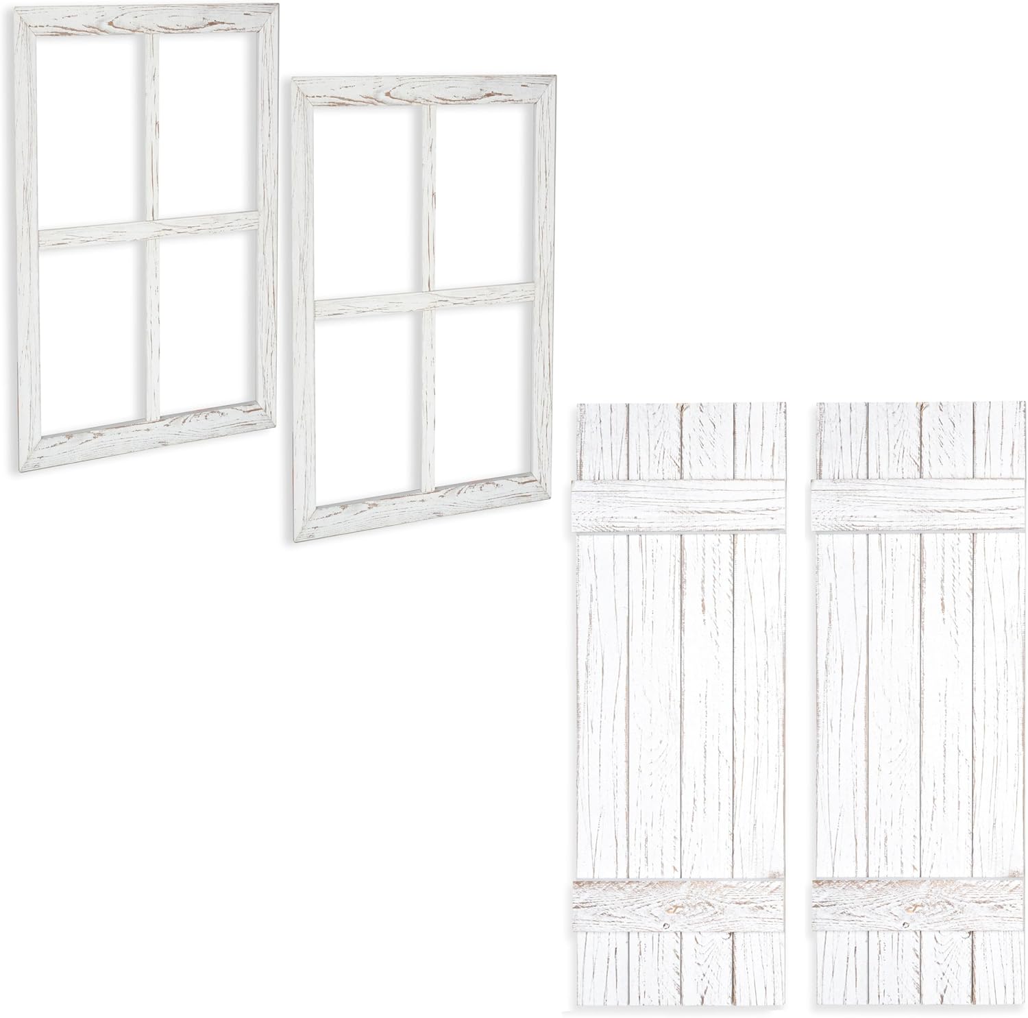 Ilyapa 2-Pack 18x22 White Rustic Window Frame Wall Decor & Farmhouse Wood Shutters - Country Barn Door Style Wall Art for Home or Business - American Family-Owned