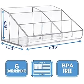 STORi Clear Plastic Vanity Makeup Organizer | 6-Compartment Holder for Brushes, Eyeshadow Palettes, & Beauty Supplies | Curved Front Design | Made in USA