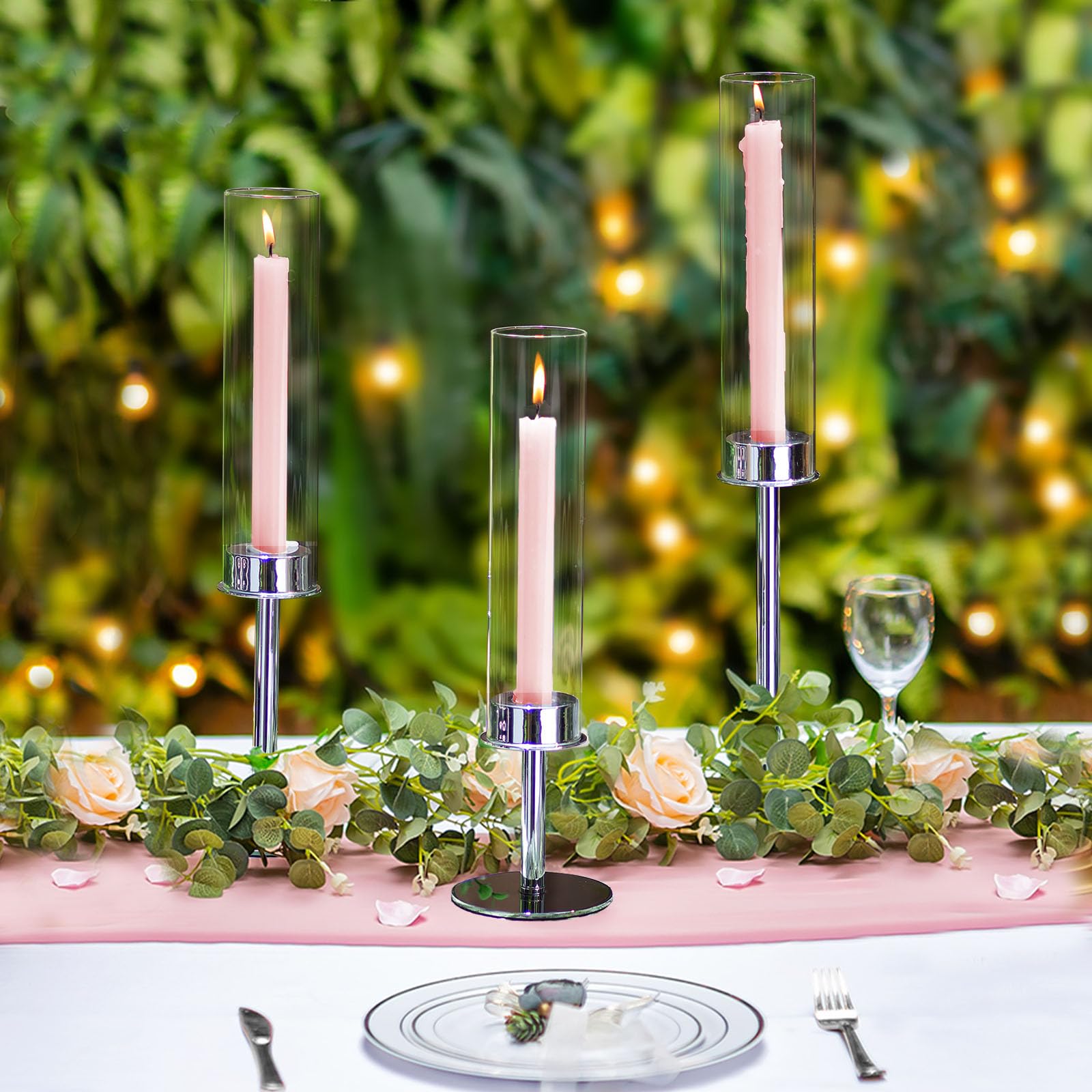 Sziqiqi Kerzenhalter Kerzenständer Silber Metall für Hochzeitstisch Mittelstücke - 48cm Hoch Kerzenständer 6er Set Windlicht Kerzenhalter Stabkerze mit Glas für Esszimmer Kaffee Tischdekoration