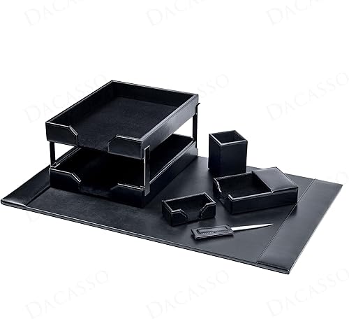 Miniatura 6 de Dacasso Juego de accesorios de escritorio de cuero regenerado negro de 8 piezas, elementos esenciales de organización y decoración ejecutiva,