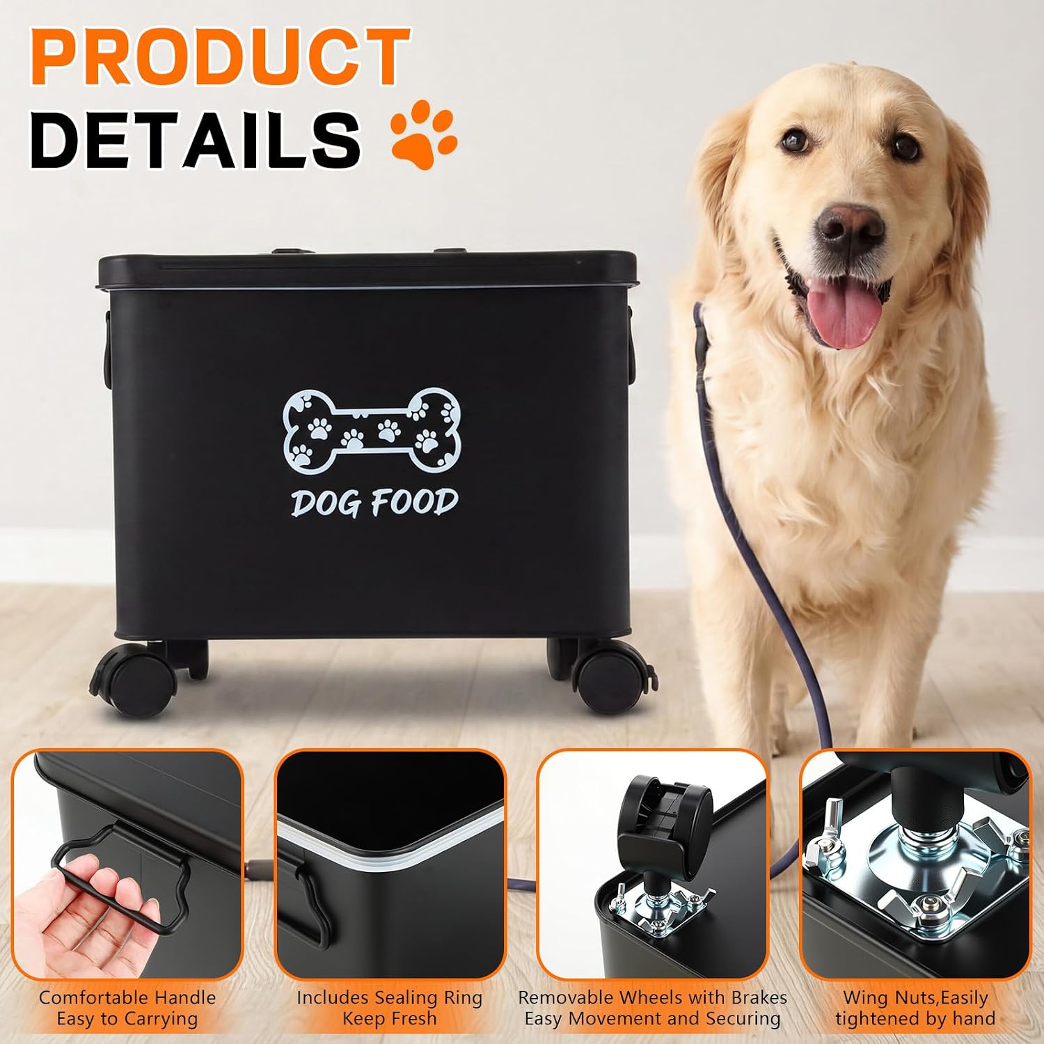 Moxweyeni Dog Food Container 13 lb Cute Airtight Food Storage Containers with Metal Lid Scoop Black Metal Storage Bin for Dog Cat with Wheels