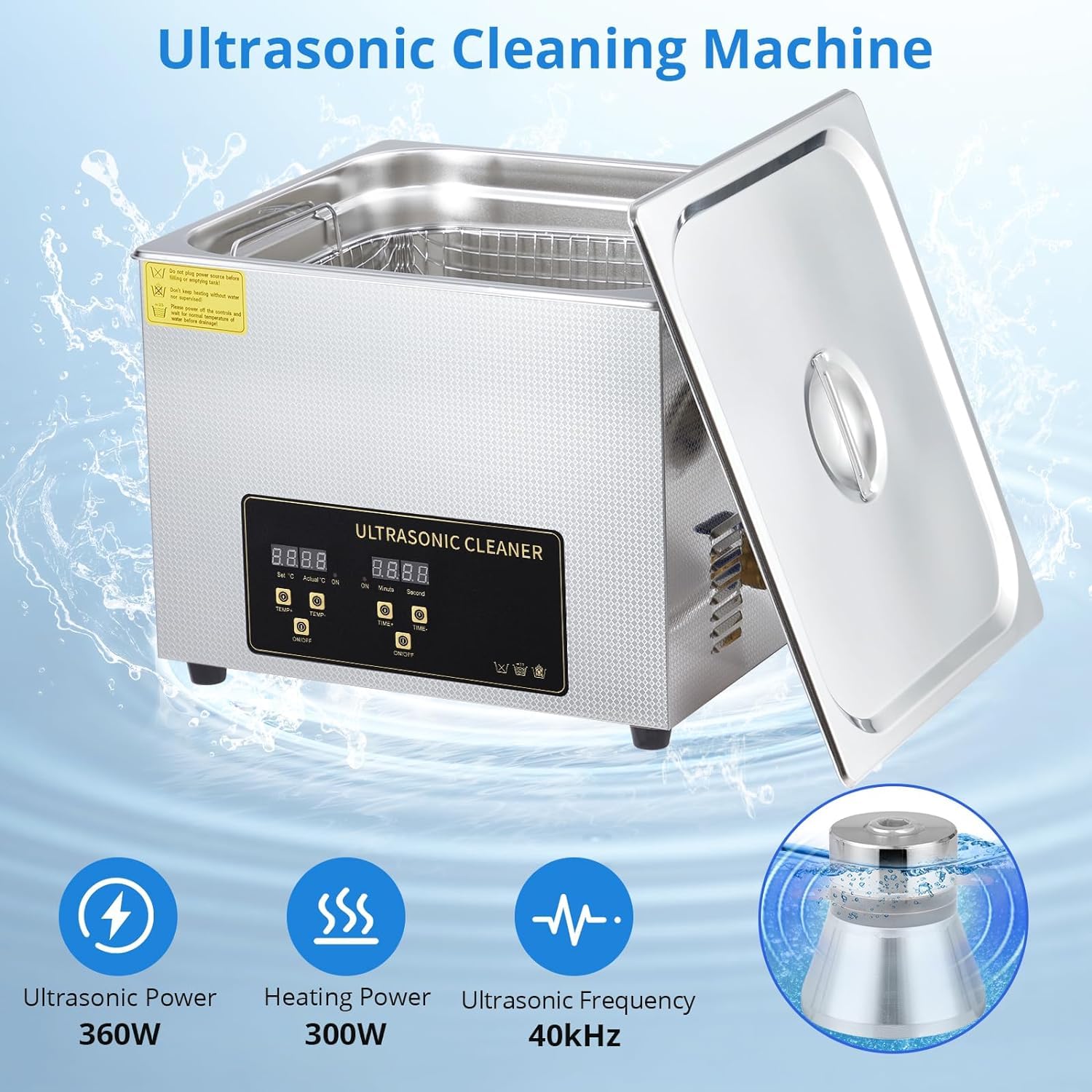 360W Ultrasonic Cleaner, 15L Ultrasonic Jewelry Cleaner Machine with Digital Timer Heater and 304 Stainless Steel for Dentures Glass Industrial Parts Carburetor Circuit Board