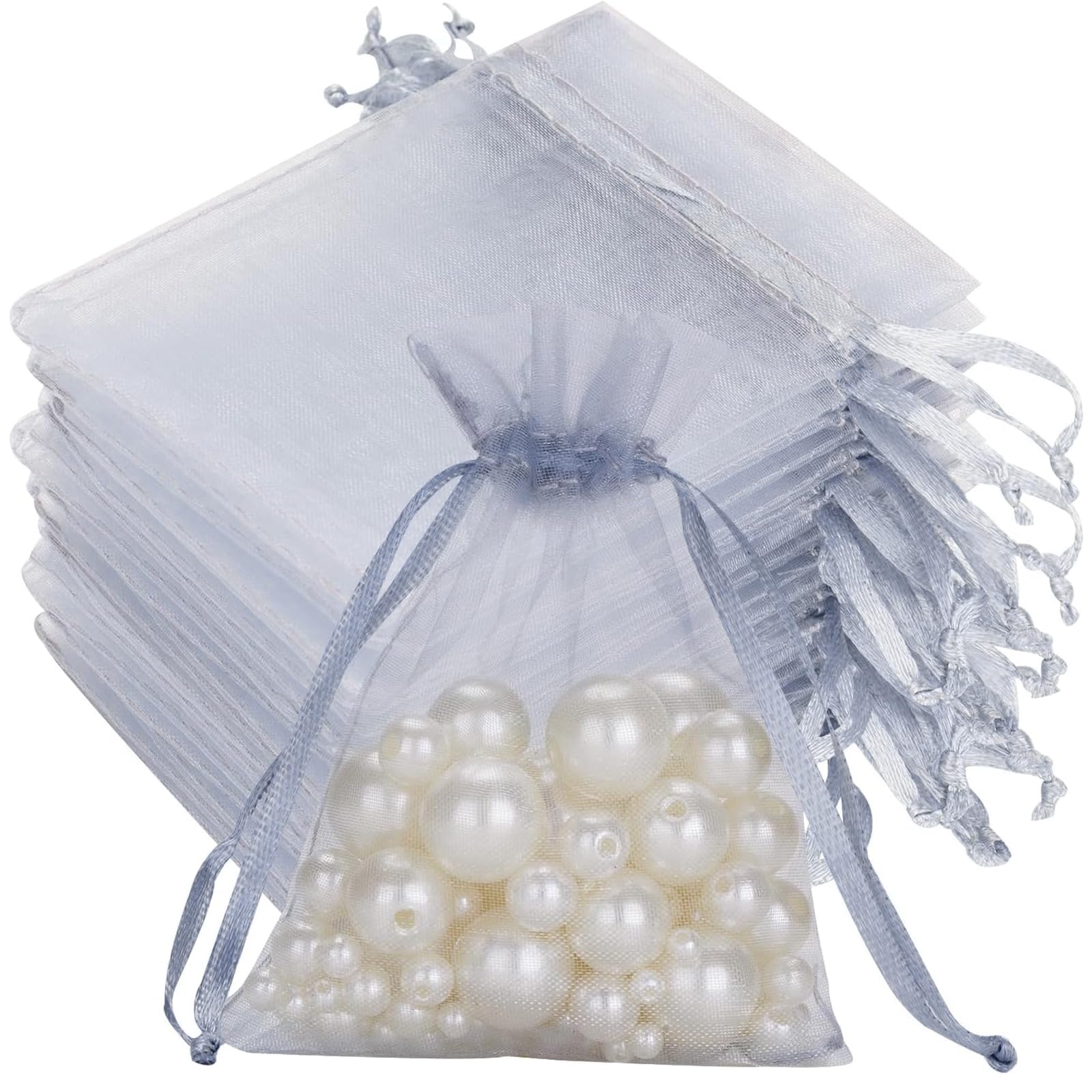 60 bolsitas organza blanco plateado - Bolsitas regalo organza pequeñas 7 x 9 cm con cordón para usar como bolsitas para caramelos boda, bolsitas para joyas o bolsitas para regalos