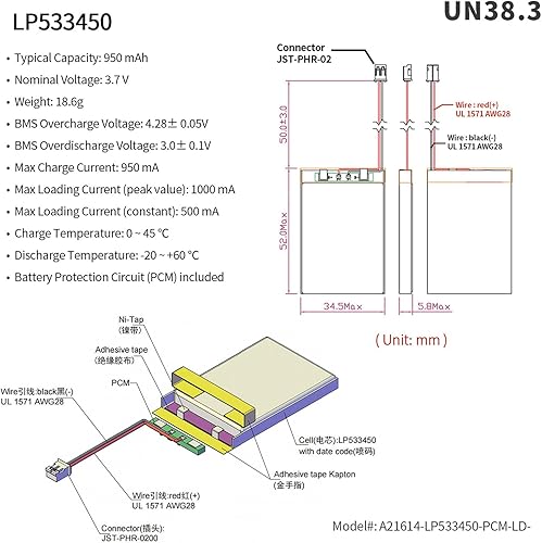Miniatura 2 de EEMB 3.7V Lipo Batería 950mAh 533450 Batería de iones de polímero de litio Batería recargable de polímero de iones de litio con conector JST