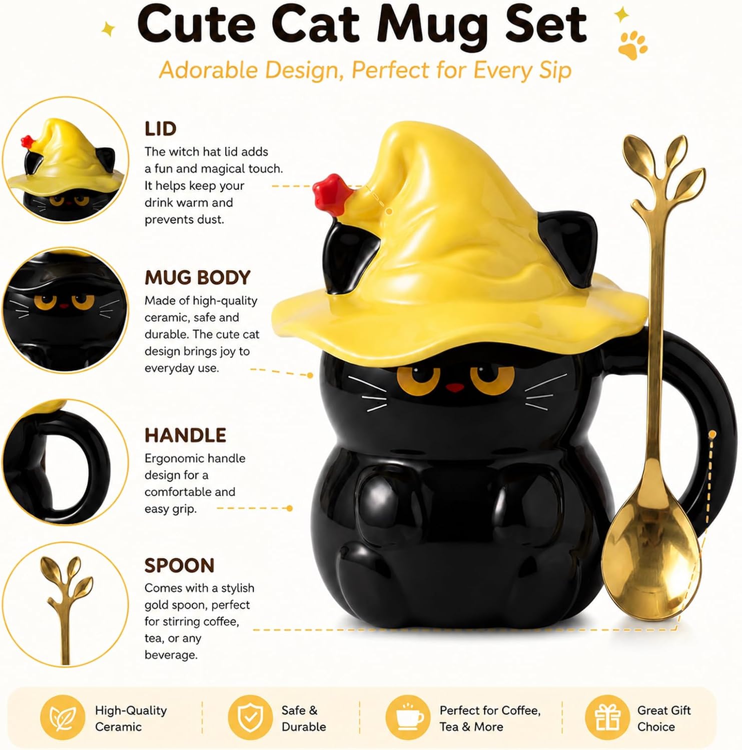 Cat Ceramic Coffee Mug, 15oz Cute Cat Mugs For Cat Lovers (Black)