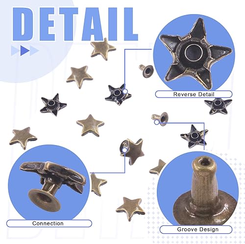 Miniatura 3 de Glarks Juego de 120 remaches de estrella de metal de 0.472 x 0.236 in, clavos de color bronce verde, remaches para ropa, tachuelas de cuero,