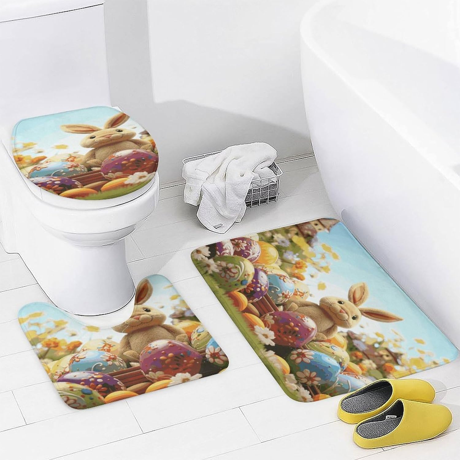 Easter Colorful Eggs 4Pcs Shower Curtain Set with Non-Slip Rugs, Toilet Lid Cover and Bath Mat,Bathroom Set Decor Accessories,Curtain Set with 12 Hooks, 72 X 72 Inch