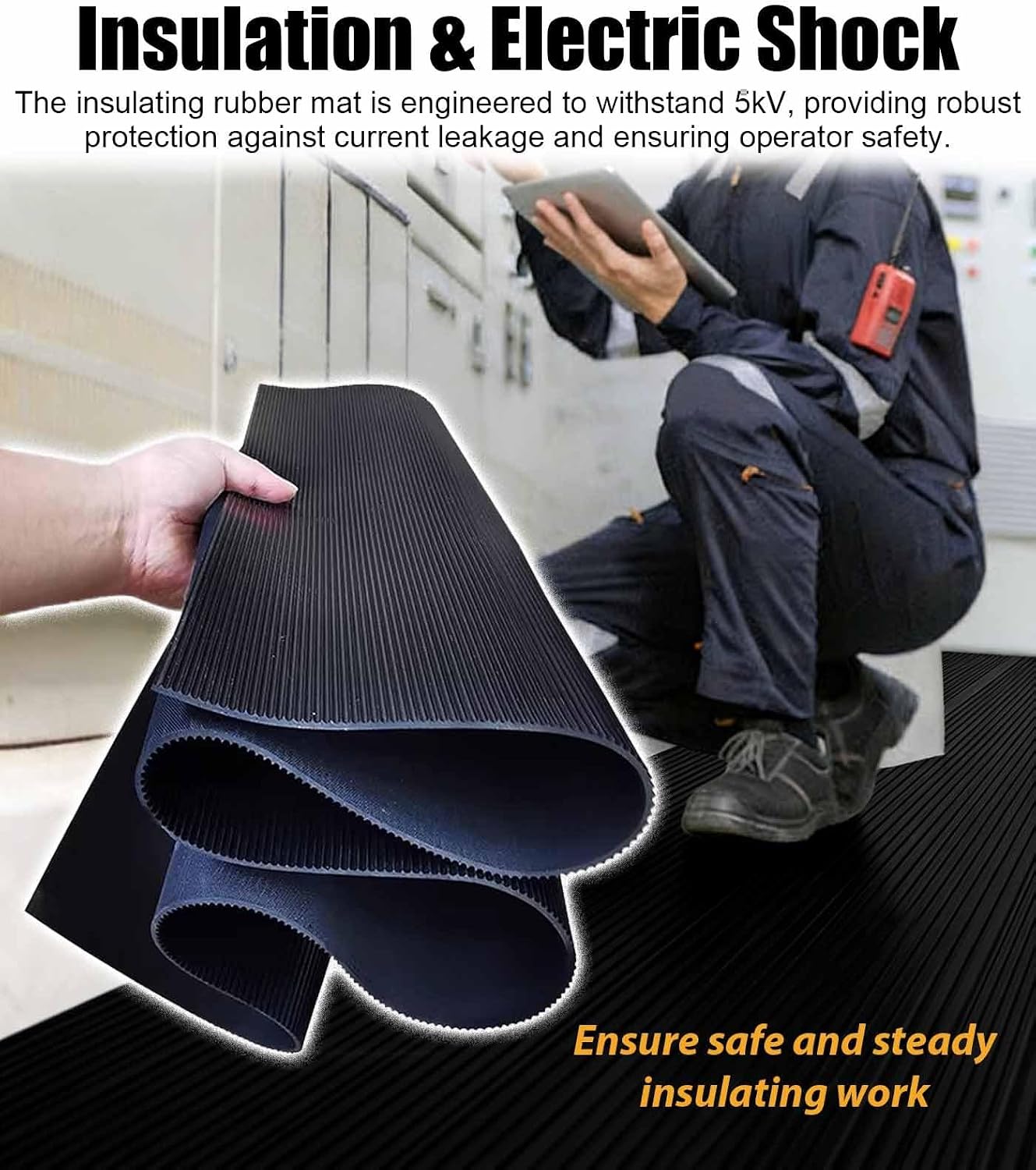 Non-Conductive Electrical Insulating Rubber Mat Roll, Anti-Slip Waterproof Floor Mat for Switchboards, Flexible Size 1x1.8m (3.3x5.9ft) - Safety & Durability,W X L,1.5x1.8m (4.9x5.9ft)