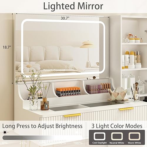 Miniatura 3 de Escritorio de tocador de 43 pulgadas con espejo y luces, mesa de tocador de maquillaje con 4 cajones, tocador blanco para dormitorio, escritorio de