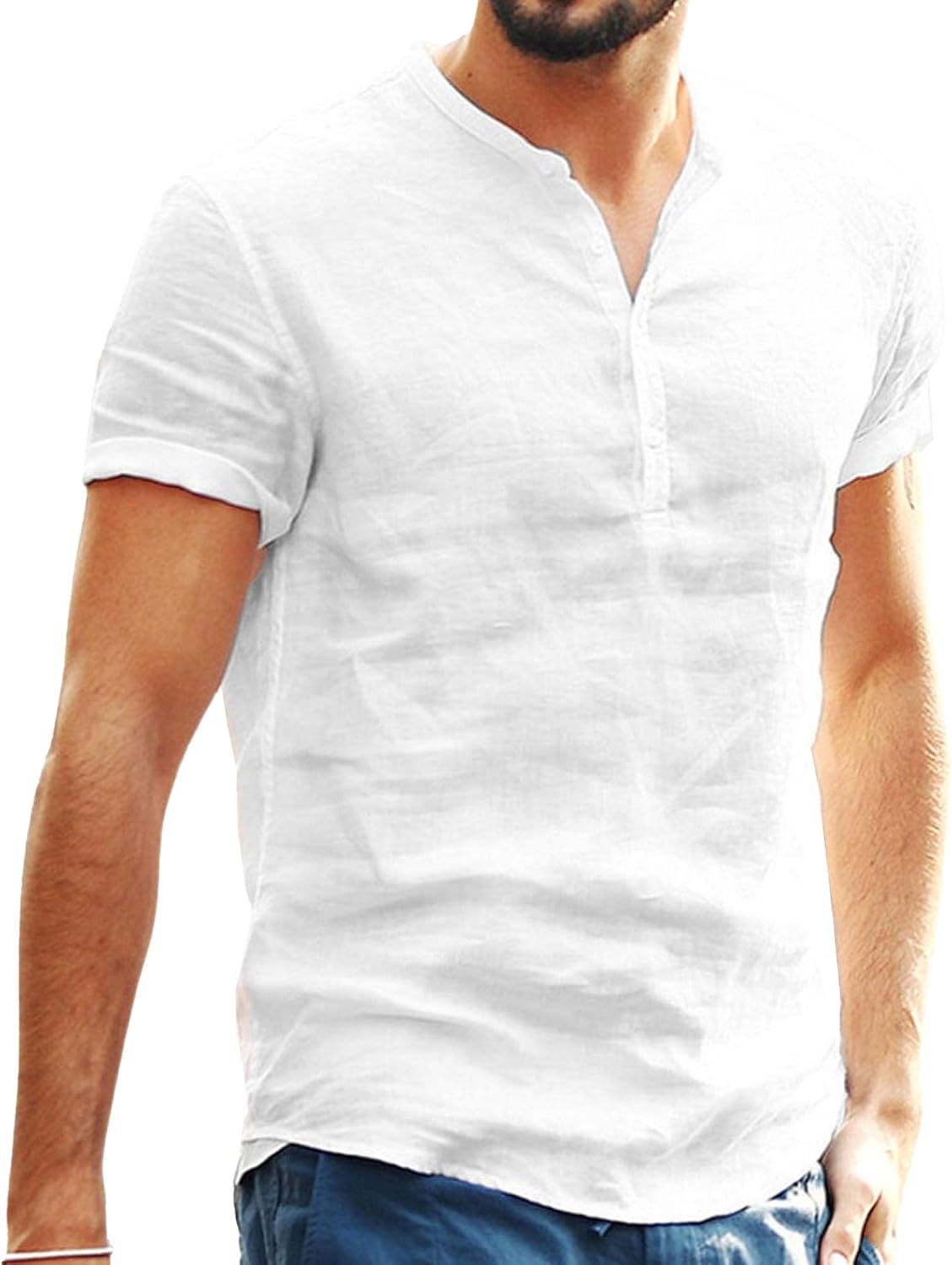 Mens Cotton Linen Short Sleeve Henley T-Shirts Lightweight Breathable V-Neck Tees Summer Casual Beach Tops for Men