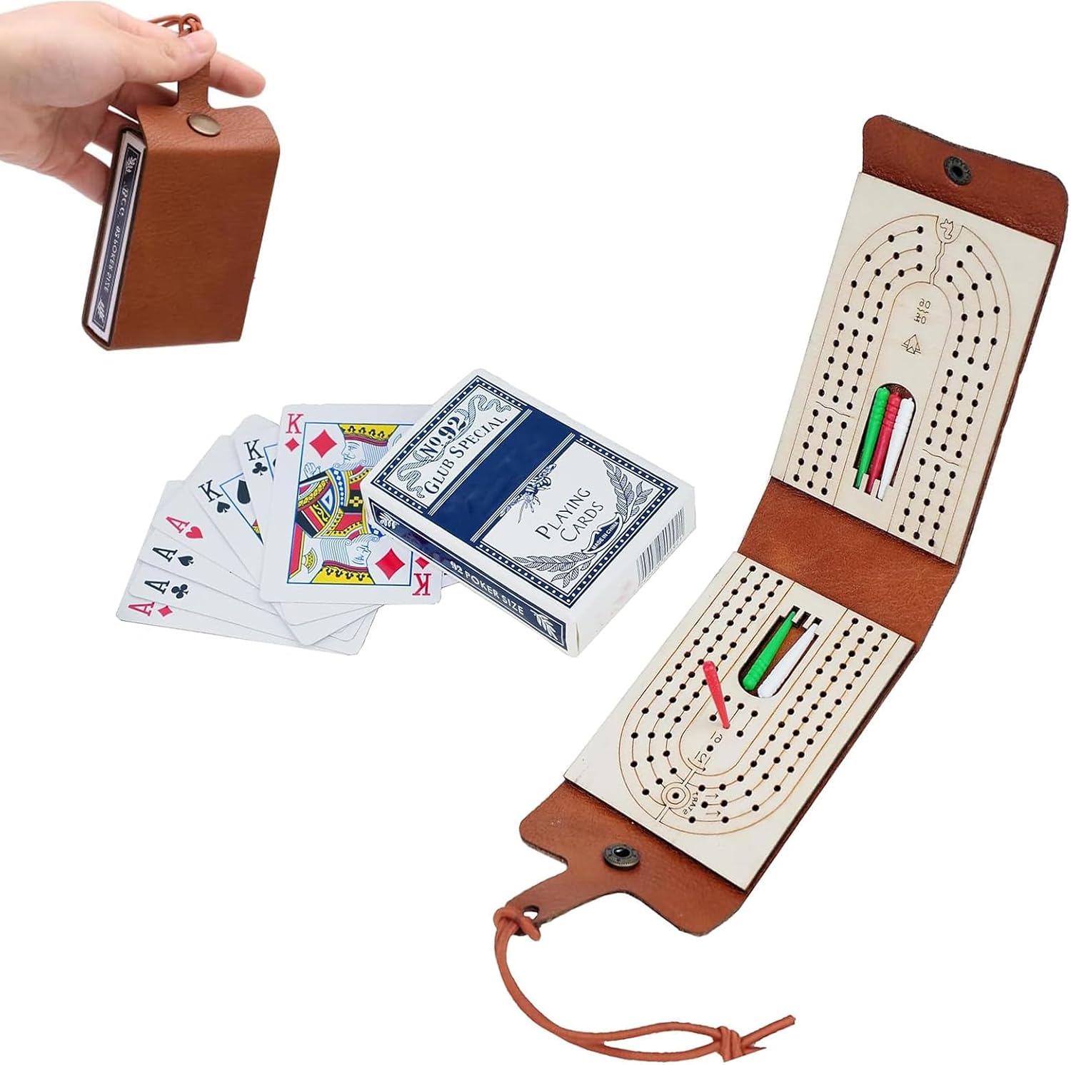 Travel Cribbage Board Game Set, with 6 Pags and 1 Playing Cards,Leather-Wood 3-Track Cribbage Board with Cards & Pegs for Family Fun and Entertaining