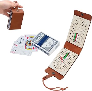 Travel Cribbage Board Game Set, with 6 Pags and 1 Playing Cards,Leather-Wood 3-Track Cribbage Board with Cards & Pegs for Family Fun and Entertaining
