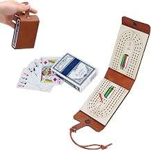 Travel Cribbage Board Game Set, with 6 Pags and 1 Playing Cards,Leather-Wood 3-Track Cribbage Board with Cards & Pegs for Family Fun and Entertaining
