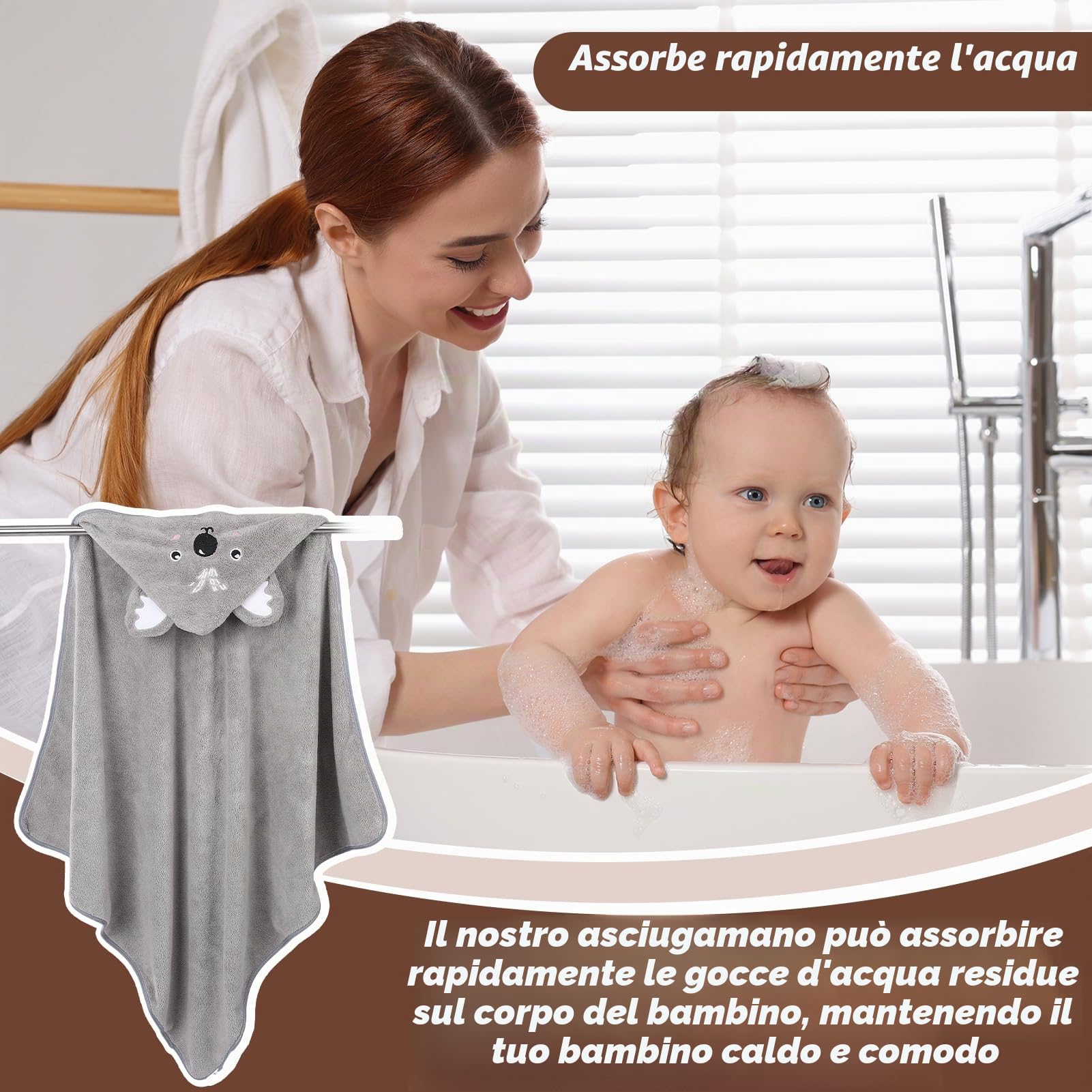 3 asciugamani da bagno con cappuccio per bambini, asciugamano per bebè, asciugamano per neonato, asciugamano da bagno per piscina, 80 x 80 cm, mantello da bagno 0-5 anni, cachi, bianco, GR