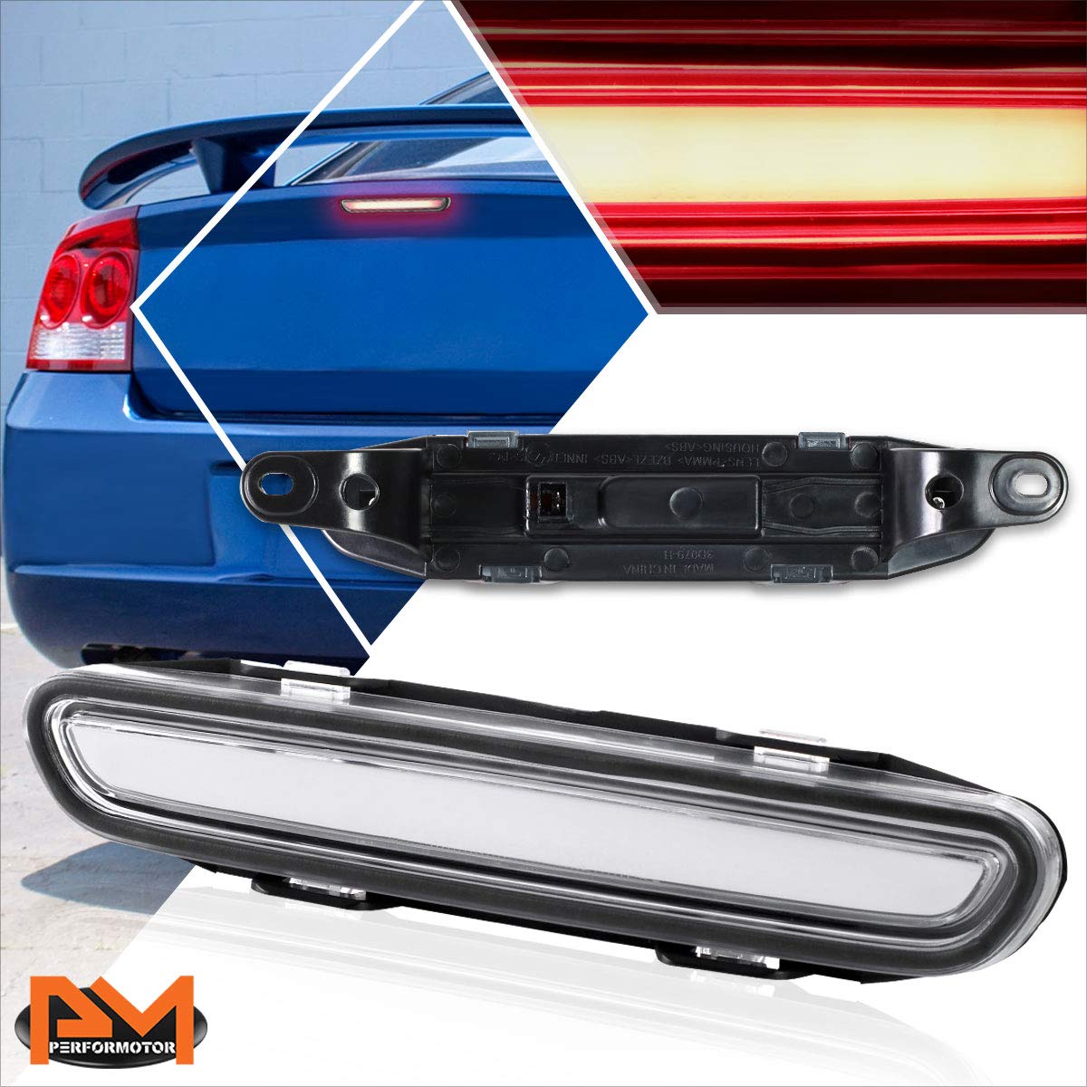 PM PERFORMOTOR 3D LED 3rd Third Brake Light High Mount Stop Light Compatible with Dodge Charger 06-10,Chrome Housing/Clear Lens