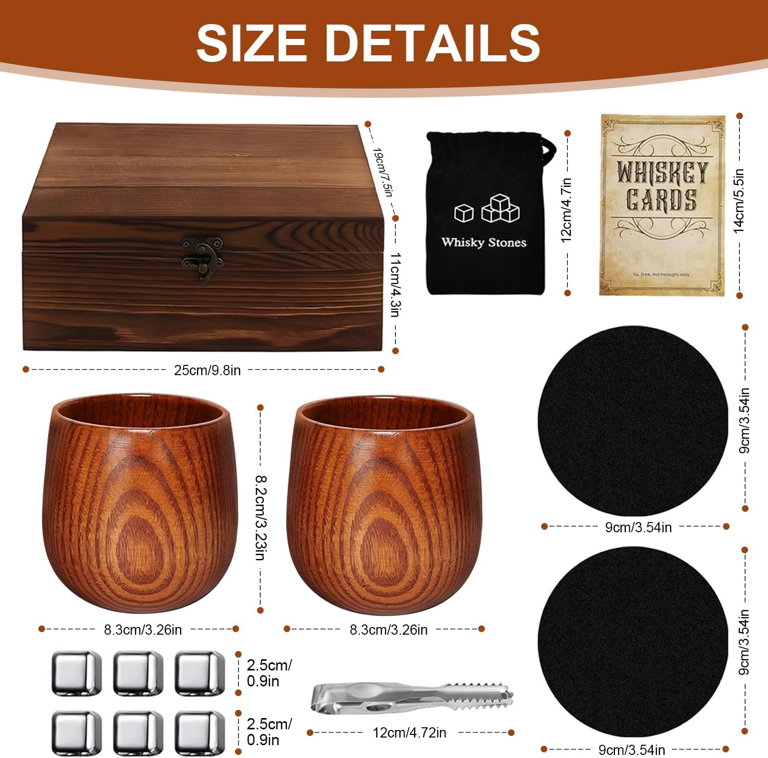 Charred Wooden Bourbon Drinking Glass: Set of 2 Handcrafted Oak Whiskey Cups with Whiskey Stones & Gift Box, Old Fashioned Glass Bourbon Tumbler for Men, Dad, Husband, Birthday & Father’s Day Gifts