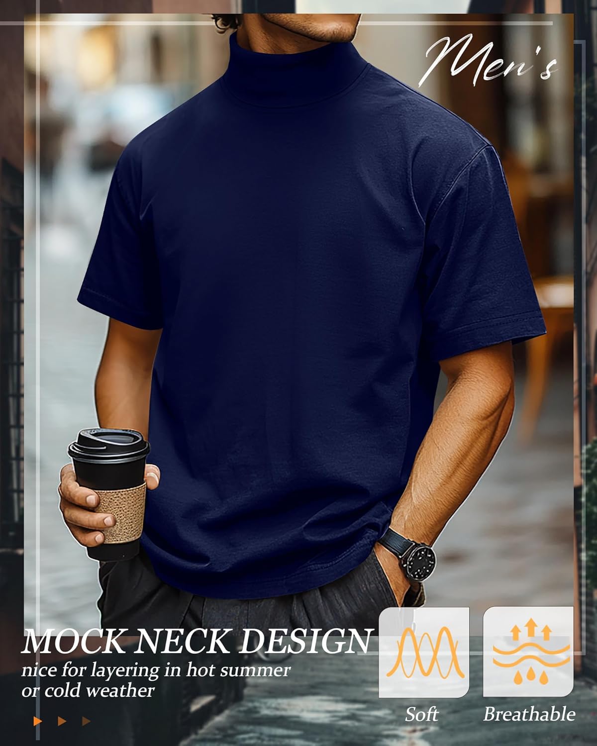 Huukeay 3 Pack Men's Big and Tall Shirts, Cotton Short Sleeve Turtleneck Tops Loose Fit Plus Size Mock Turtleneck Basic Tee(Wine Red, Navy Blue, Black,4X-Large) - Image 7