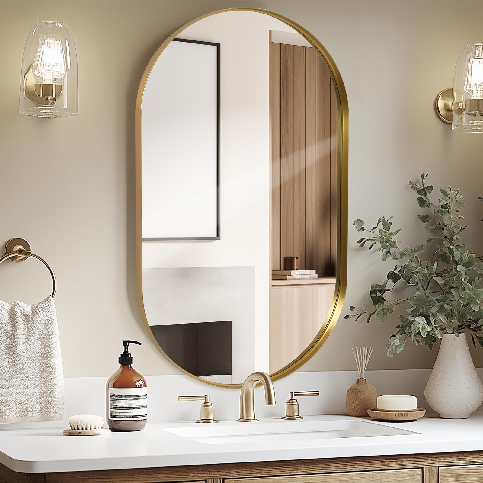 LunaMirror Oval Wall-Mounted Bathroom Vanity Mirror 60x90 CM Stylish Gold Wall Decor with Curved Corners for Hallway, Entrance, Living Room, Bedroom