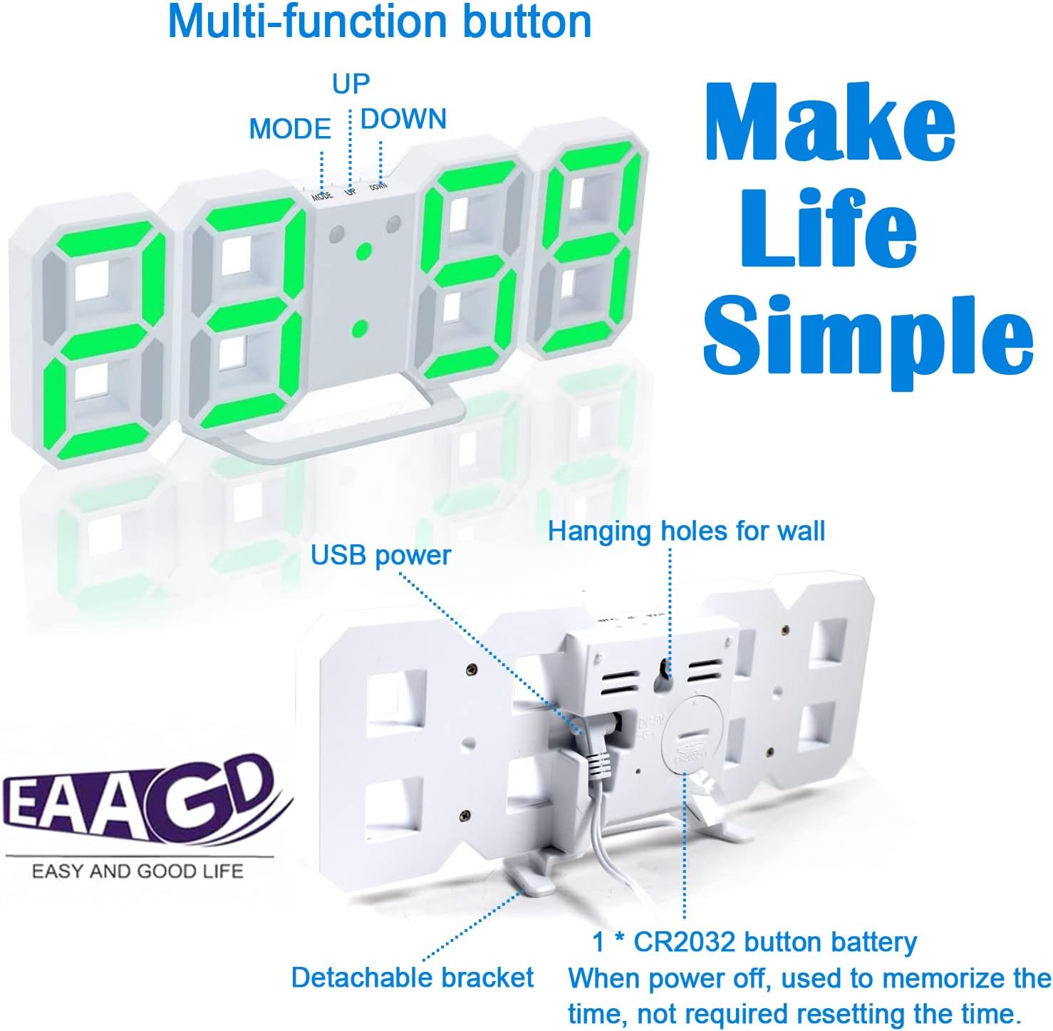 EAAGD 3D Digital Alarm Clock with 3 Adjustable Brightness, 12/24Hr, Snooze, Bedroom Desk Alarm Clock LED Nightlight Digital Wall Clock (White/Green)
