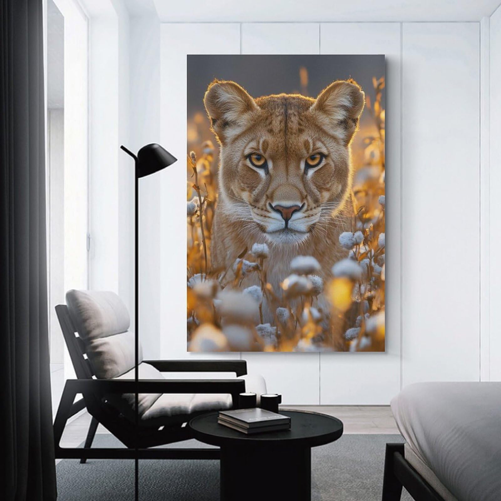 Junmoney Lioness Portrait in Golden Light Canvas Wall Decor 24x36inch(60x90cm), for Calm Bedrooms, Home Corners Or Flats, An Easy Wall Refresh for Bedrooms